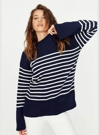 Navy Blue Oversize Striped Knitwear Sweater