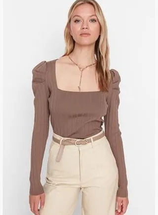 Mink Pleated Square Collar Knitwear Sweater TWOAW21KZ0649