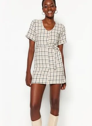 Super Mini Woven Tweed Dress With Stone Belt TWOAW23EL00212