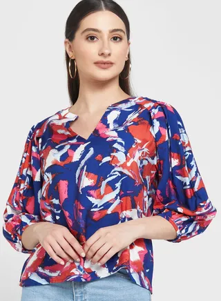 Balloon Sleeve Notch Neck Top