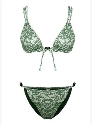 Floral Patterned Triangle Bead Accessory High Leg Bikini Set TBESS24BT00047
