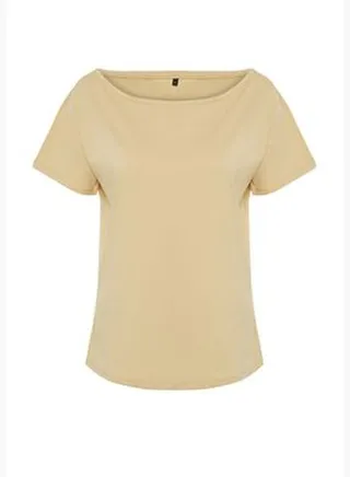 Dark Beige 100% Cotton Boyfriend Boat Neck Knitted T-Shirt TWOSS20TS0140