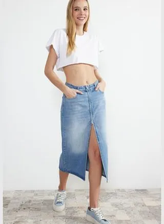 Blue Front Zipper High Waist Midi Denim Skirt TWOSS24ET00035