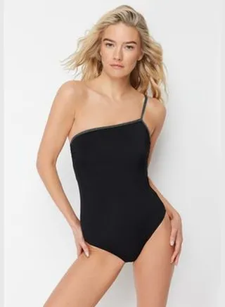 Black One-Shoulder Tape Swimsuit TBESS24MA00044
