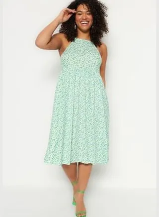 Green Floral Pattern Knitted Gippe Dress TBBSS23AH00074
