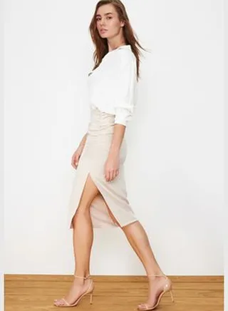 Beige Gathered Slit Detail Midi Woven Skirt TWOSS20ET0045