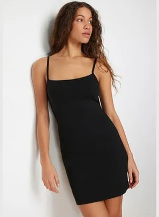 Black Straps Stretchy Bodycone/Sliding Knitted Mini Dress TWOSS24EL00405