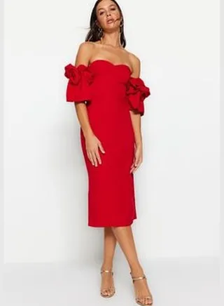 Red Fitted Evening Dress with Woven Lining TPRSS23EL00541