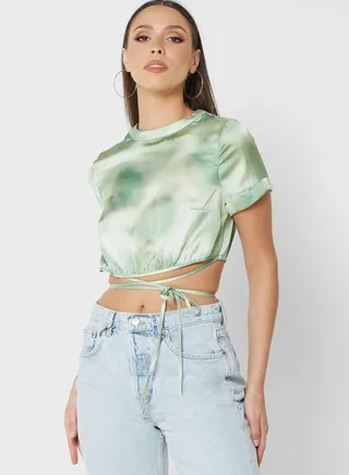 Printed Tie Detail Crop T-Shirt