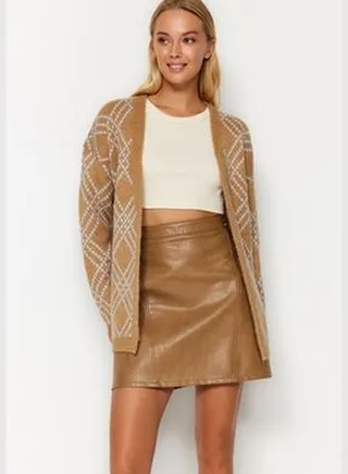 Camel Oversize Midi Soft Textured Patterned Knitwear Cardigan TWOAW24HI00327