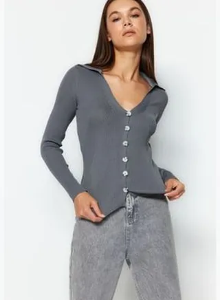 Gray Polo Collar Knitwear Cardigan TWOAW24HI00188