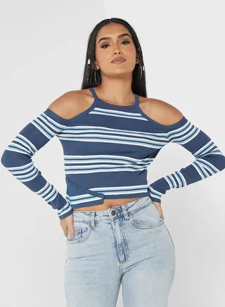 Striped Cold Shoulder Sweater