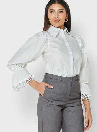 Puff Sleeve Crochet Detail Shirt