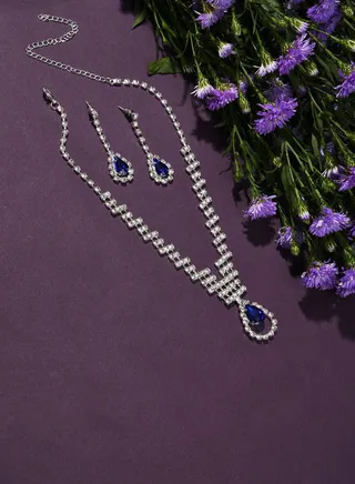 Silver Plated Designer Stone Necklace and Earring Set
