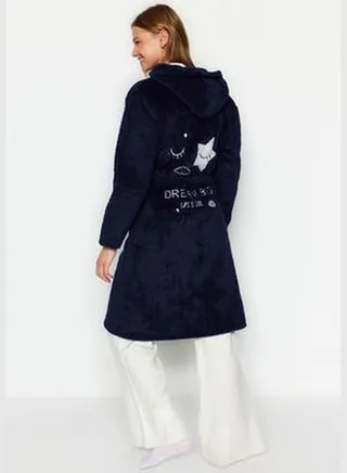 Navy Wellsoft Back Detailed Hooded Knitted Dressing Gown THMAW24SB00024