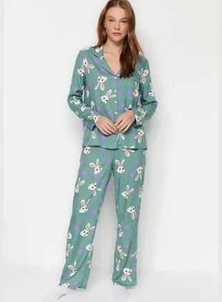 Multi Color Rabbit Patterned Shirt-Pants Woven Pajamas Set THMAW21PT0048