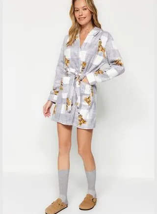 Gray Plaid, Bear Patterned Polar Knitted Dressing Gown with Pocket and Hood Detail THMAW24SB00014.