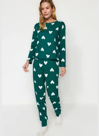 Emerald Green 100% Cotton Heart Patterned T-shirt-Jogger Knitted Pajamas Set THMAW21PT0566