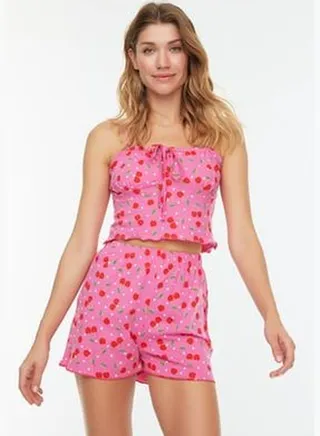 Multicolored Cherry-Specified Cotton Singlet-Shorts Knitted Pajamas Set
