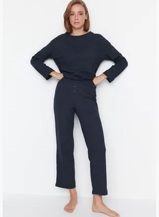 Indigo Pop Detailed Waffle Knitted Pajamas Set