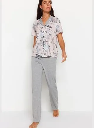 Gray Floral Detailed Knitted Pajamas Set