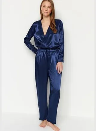 Navy Blue Double Breasted Collar Waist Detail Satin Woven Pajamas Set THMAW23PT00034