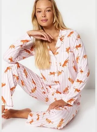 Multicolored 100% Cotton Striped Tiger Pattern Shirt-Pants Knitted Pajamas Set THMAW24PT00002
