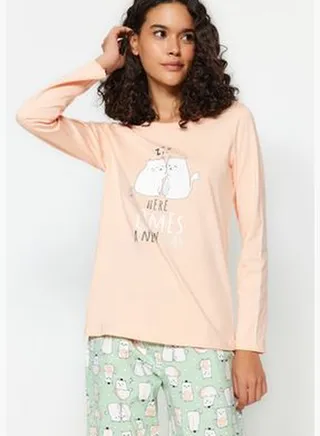 Salmon 100% Cotton Cat Patterned Tshirt-Jogger Knitted Pajamas Set THMAW24PT00306