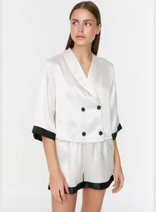 Ecru Striped Satin Shirt-Shorts Woven Pajamas Set