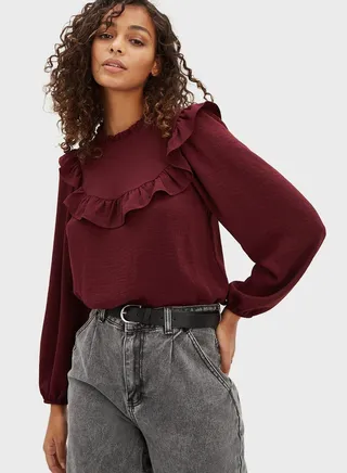 Crew Neck Ruffle Detail Top