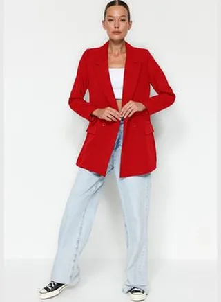 Red Regular Lined Double Breasted Blazer with Closure TWOSS20CE0059