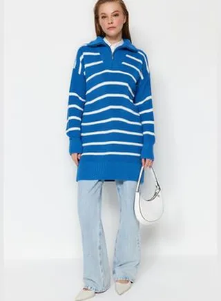 Blue Striped Collar Zippered Knitwear Sweater TCTAW24AK00037