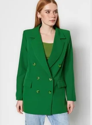 Dark Green Oversize Lined Double Breasted Closure Woven Blazer Jacket TWOAW20CE0130