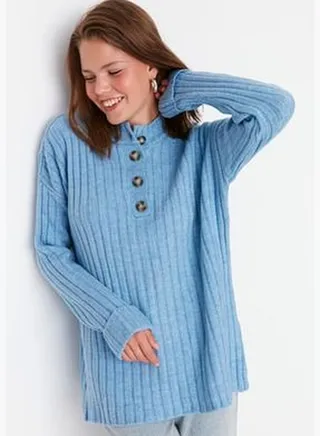 Blue Buttoned Corduroy Knitwear Sweater TCTAW23AK00035