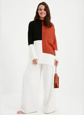 Brown Color Block Stand Up Knitwear Sweater TCTAW22AK0054