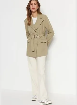 Khaki Regular Lined Blazer with Lace-Up Detail