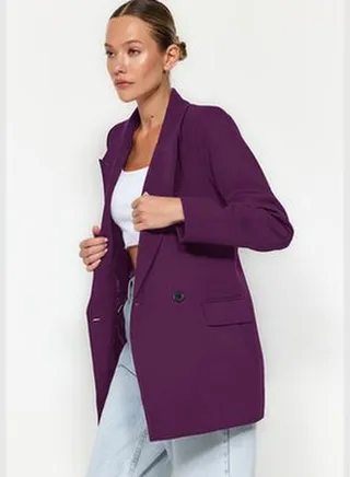 Purple Regular Lined Double Breasted Blazer with Closure TWOSS20CE0059