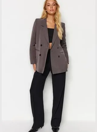 Dark Brown Regular Lined Double Breasted Close Up Woven Blazer Jacket TWOAW23BC00017