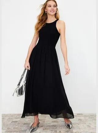 Black Midi Length Knitted Woven Mixed Dress
