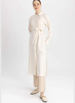 Woman Shirt Neck Woven Long Sleeve Tunic
