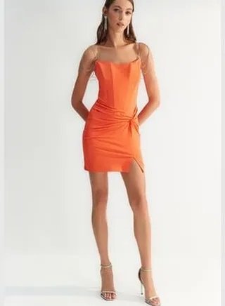 X Zeynep Tosun Orange Accessorized Corset Detail Dress TCLSS23EL00015
