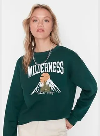Emerald Green Printed Thick Fleece Inside Relaxed/Comfortable, Knitted Sweatshirt TWOAW23SW00559