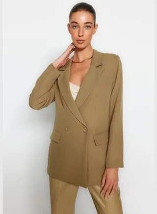Light Khaki Regular Lined Double Breasted Blazer with Closure TWOSS20CE0059