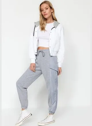 Gray Parachute Pocket Detailed Loose Jogger Thick Fleece Knitted Sweatpants