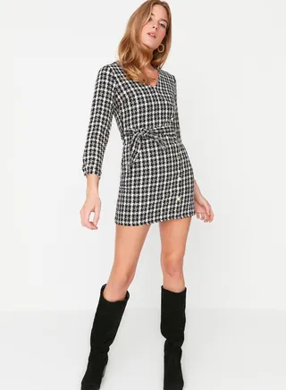 Checked Button Detail Dress