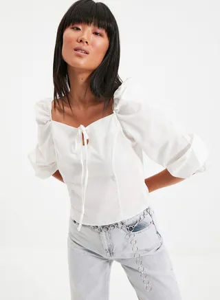 Puff Sleeve Tie Neck Top
