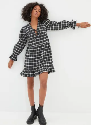 Checked Tie Neck Dress