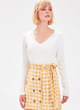 Button Detail Checked Skirt