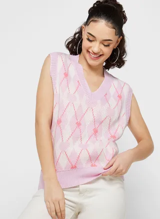 Diamond Intarsia Vest Style Sweater