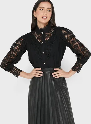 High Neck Lace Detail Cuff Sleeve Blouse